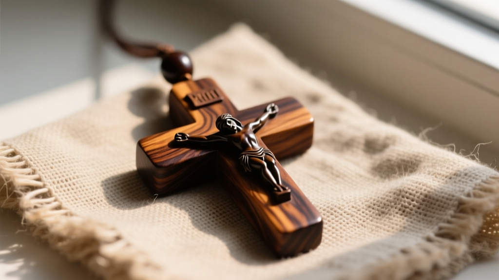 Close-up of a hand-carved olive wood crucifix pendant with a dark tung oil finish, resting on rustic linen cloth in warm light.