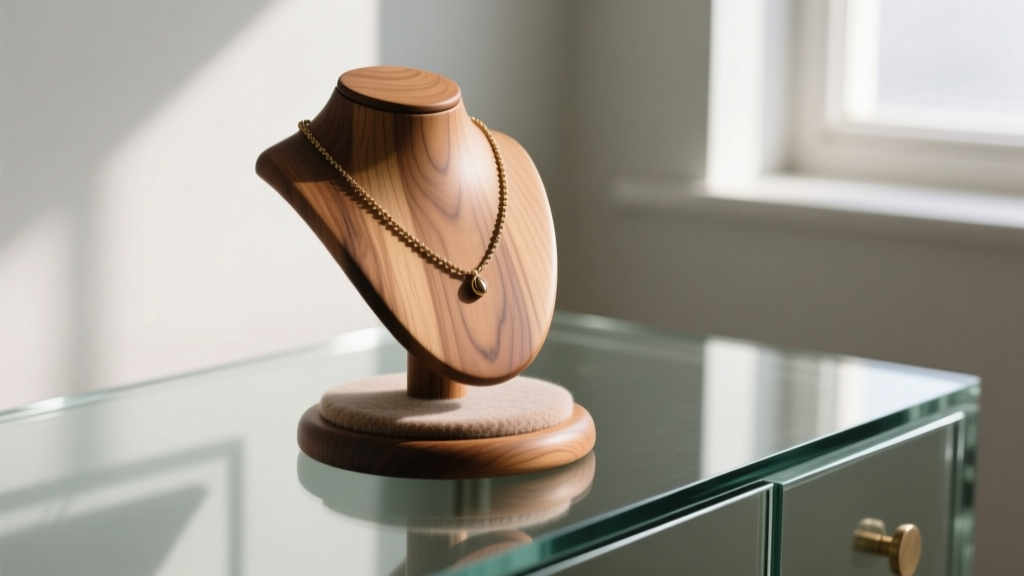 Close-up of an oak wooden necklace stand base showing a weighted felt bottom and smooth sanded wood grain on a glass dresser.
