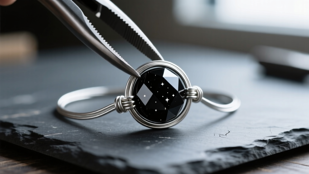 Silver wire looped around a faceted black onyx bead using pliers, macro view on a dark slate workbench with soft, moody shadows.