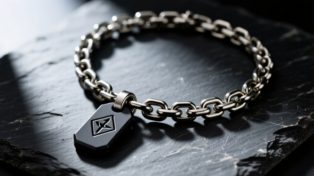 Close-up of a heavy-duty 12-gauge titanium wheat chain necklace holding a tactical keychain pendant, resting on dark slate.