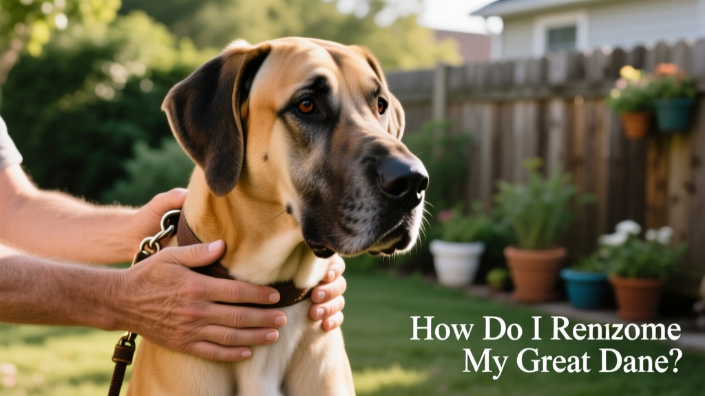 Two hands gently holding a Great Dane's collar and leash during a calm, respectful handover moment