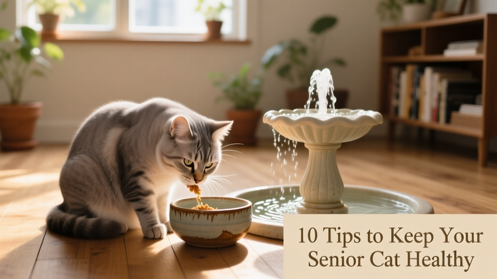 Senior cat eating from a shallow ceramic bowl beside a water fountain