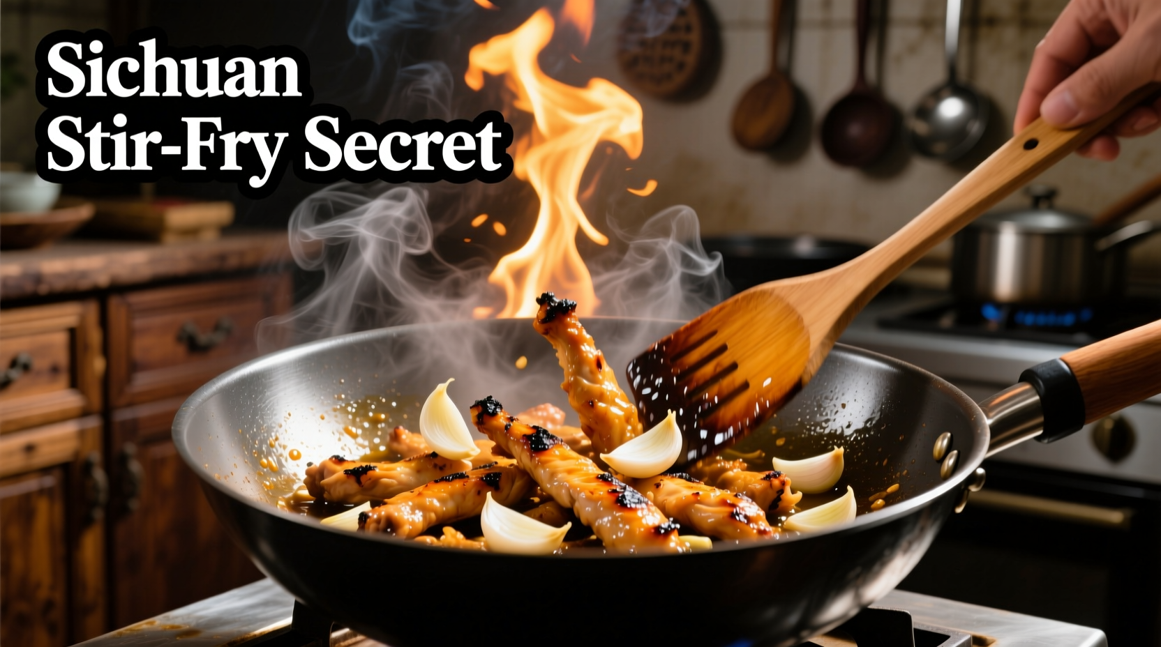 Stir-frying chicken in wok with garlic