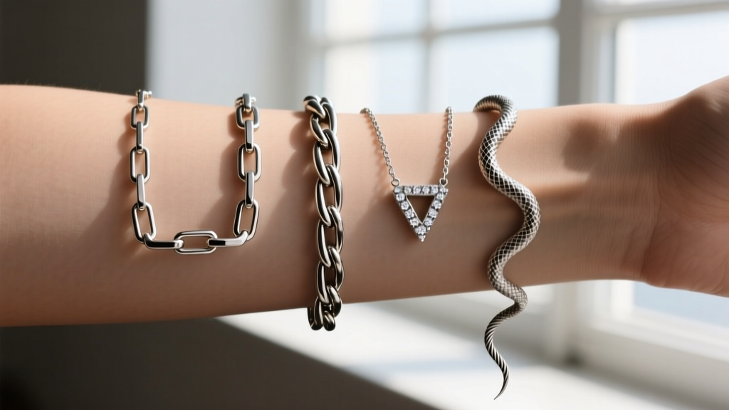 Side-by-side view of 1.0mm box, cable, and snake chains with diamond V pendants, showing link structures and drape against skin.