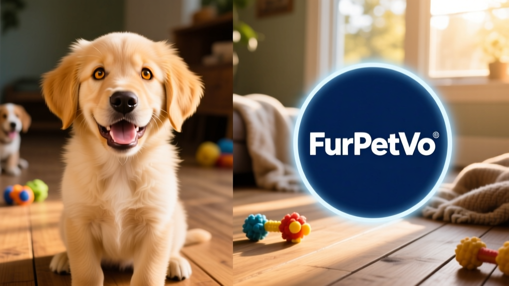 Side-by-side collage: Willy the Golden Retriever puppy smiling at the camera, and the FurPetVo logo