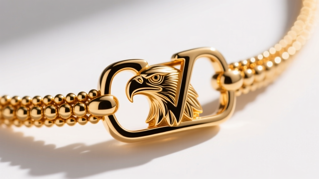 Macro shot of the beaded gold edge and eagle head hallmark stamped on a genuine VC necklace clasp against a white background.