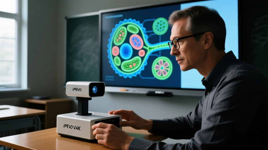 Close-up of a teacher using the IPEVO V4K document camera to project a detailed biology diagram onto a smartboard in a dimly lit classroom.