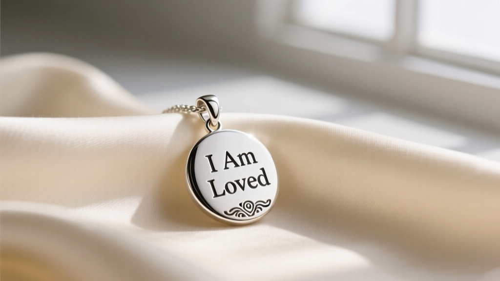 Close-up of a sterling silver I Am Loved disc pendant resting on cream silk fabric, illuminated by warm natural window light.