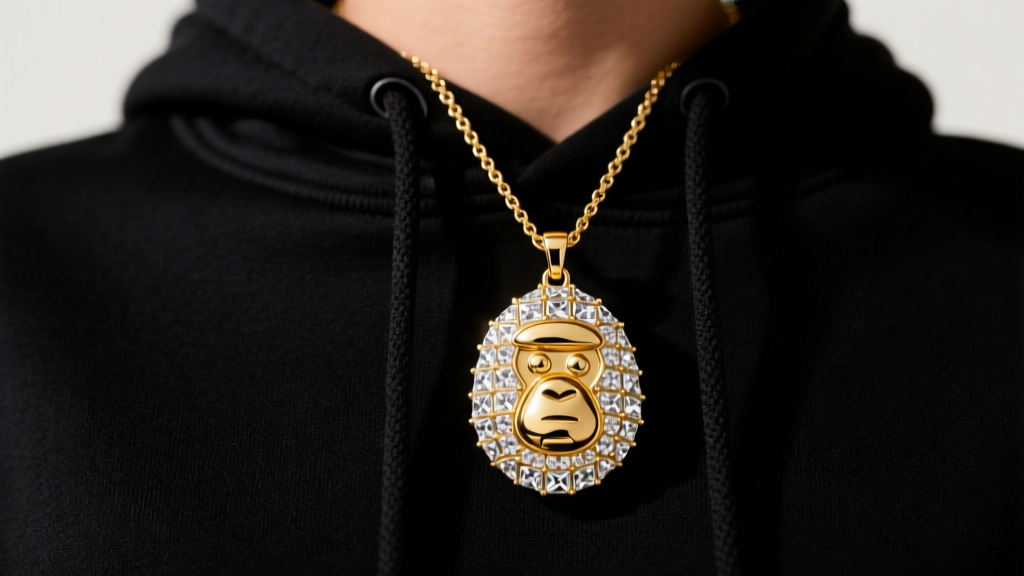 Gold-plated brass Bape Ape Head pendant necklace on a matte black hoodie, studio lighting highlighting cubic zirconia pave details.