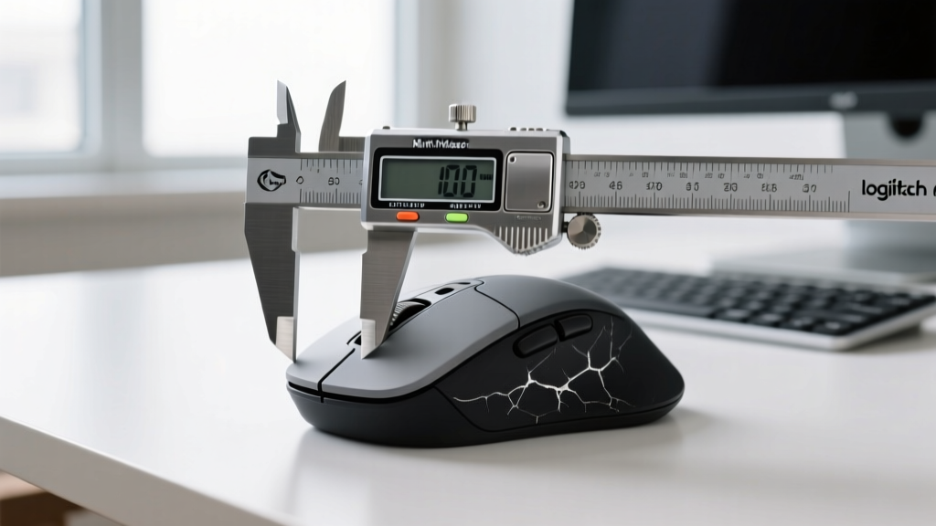 A digital caliper measuring the side-grip rubber thickness on the MX Master 4 after 500 hours of simulated friction testing