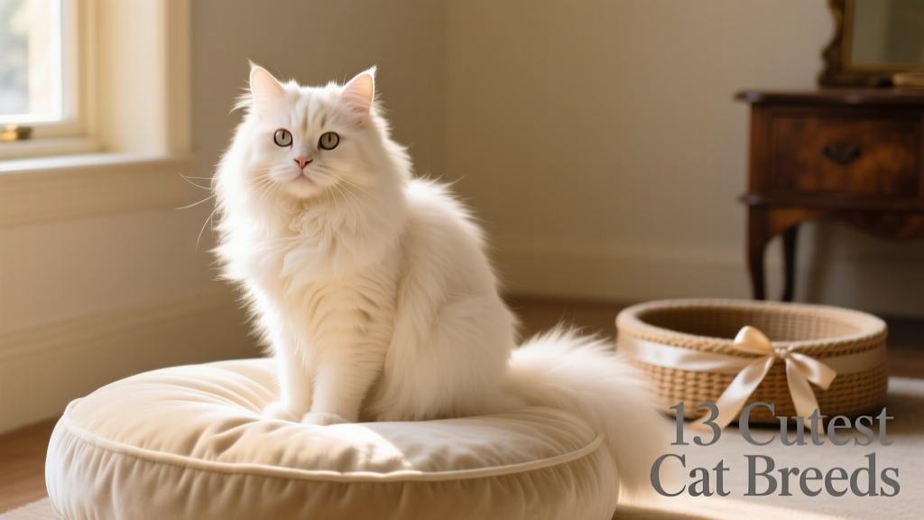 A serene Persian cat with a fluffy coat and sweet expression sitting on a soft cushion