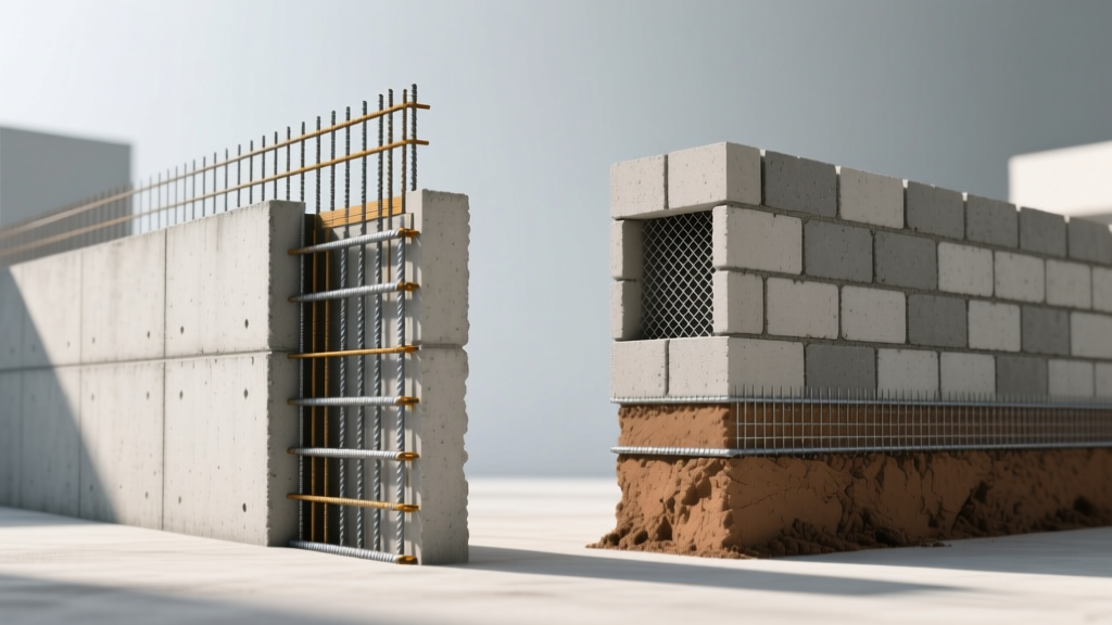 Technical blueprint cross-section of a poured concrete retaining wall with rebar next to a segmental block wall with geogrid