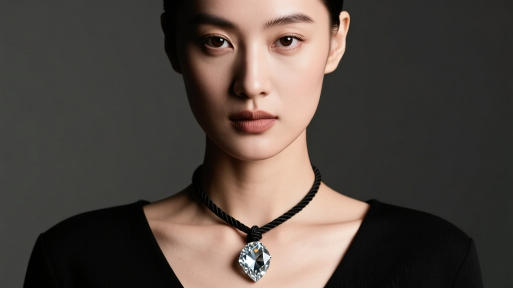 A model wearing a black waxed cotton corded necklace with a raw diamond pendant under soft, moody studio lighting