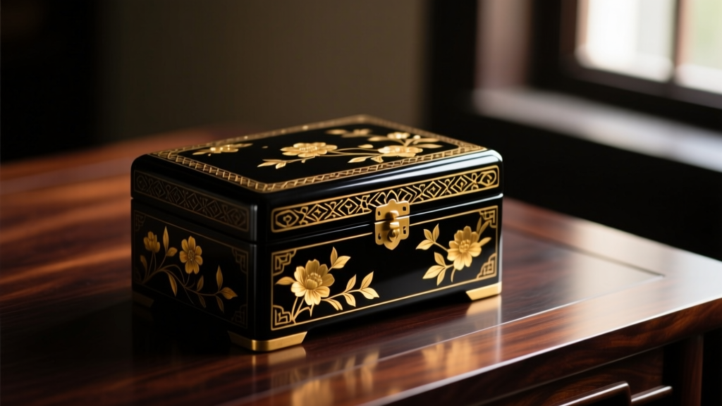 Carved antique black lacquer jewelry box with gold leaf details on dark mahogany, lit by moody warm lighting.