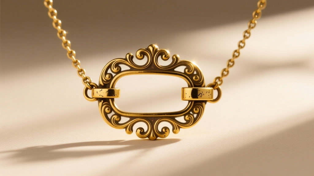 Macro shot of an antique C-clasp and hinge on a yellow gold Victorian necklace, illuminated brightly by a jeweler's loupe light.