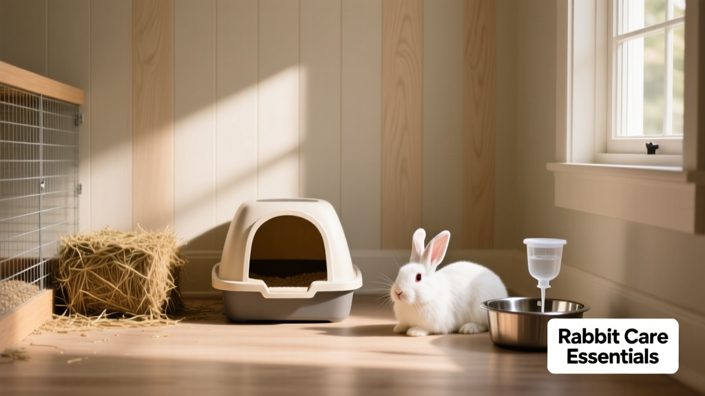 A tidy rabbit enclosure with a low-sided litter box, hay feeder, and water bowl — all arranged thoughtfully for easy access