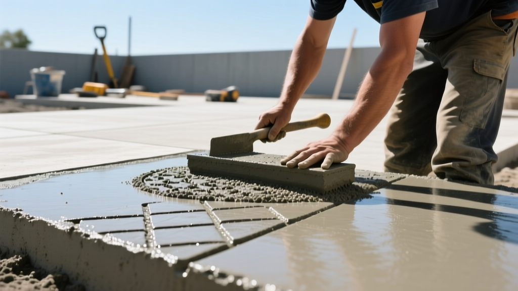 Freshly poured concrete patio being stamped with a seamless slate texture mat while a contractor applies color hardener