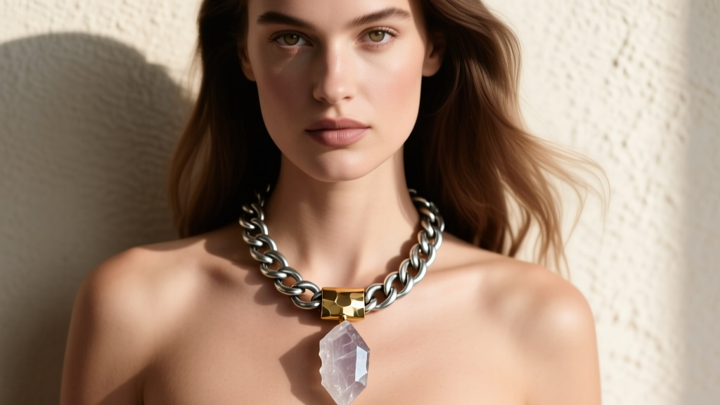 A model wearing a heavy odd necklace with a 4mm oxidized silver rolo chain balancing a raw quartz and brass pendant on her chest