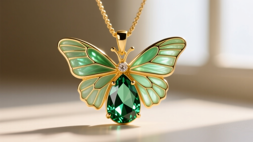 Macro shot of 14k gold vermeil luna moth pendant with translucent green plique-à-jour enamel wings and a pear-cut peridot body.