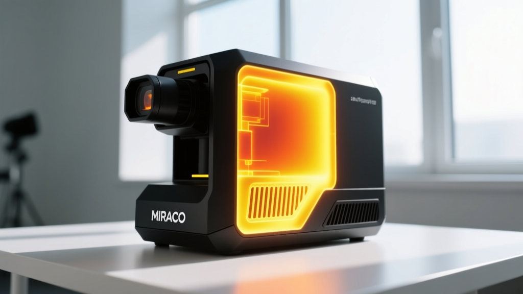 Thermal camera overlay showing the heat dissipation vents on the side of the MIRACO 3D scanner glowing yellow after a 45-minute continuous scanning session.