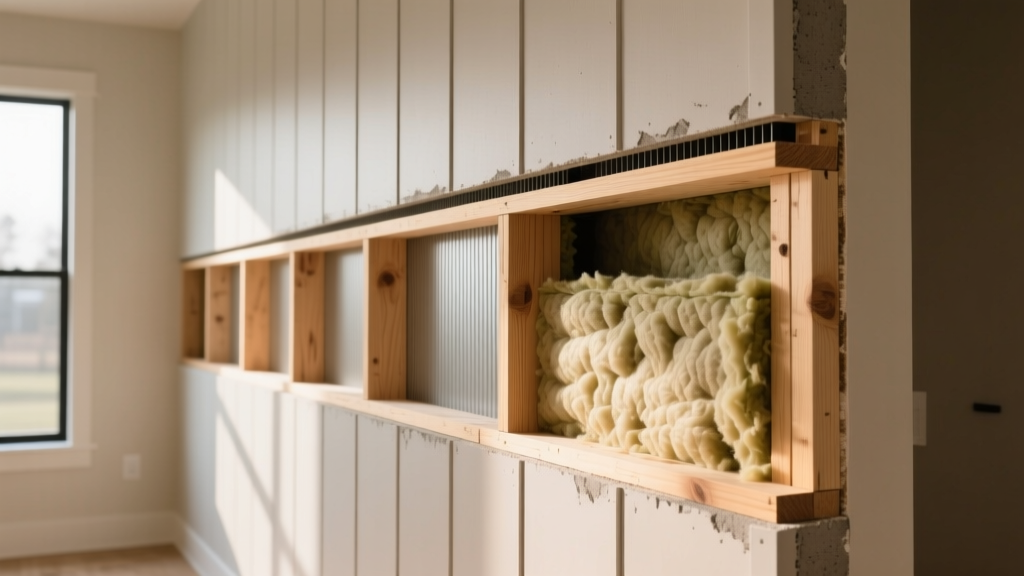 Modern home wall cross-section showing 2x6 wood framing, mineral wool insulation, and a rainscreen gap behind fiber cement siding