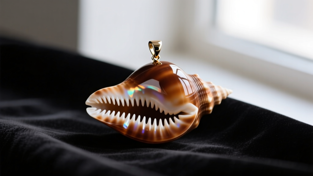 Macro photo of a brown cowrie shell pendant with a high-gloss finish, showing its serrated mouth against dark velvet fabric.
