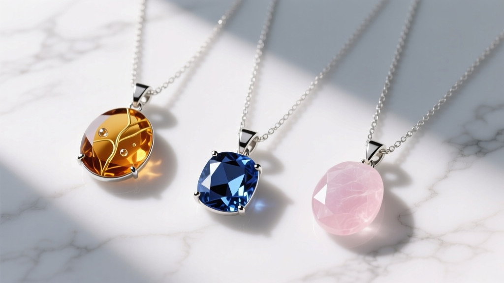 Flat lay of necklaces with colored pendants: warm amber resin, cool sapphire, and rose quartz resting on a white marble surface.