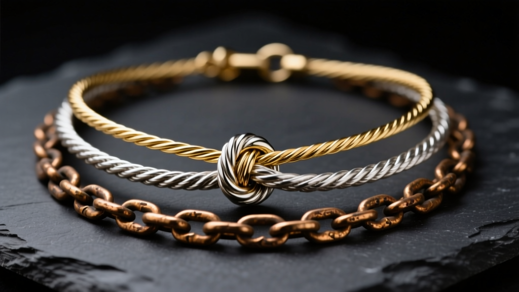 Macro shot of a tangled 3 layered necklace with gold cable, silver rope, and brass chains on dark slate under studio lighting.