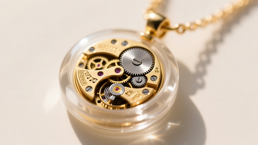 Macro shot of an eighteen-note miniature brass music box movement inside a resin necklace pendant, highlighting tiny metal gears.