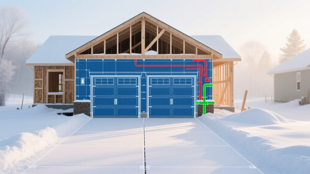 Architectural blueprint of a two-car garage overlaid on a snowy suburban driveway with lumber framing visible in the background