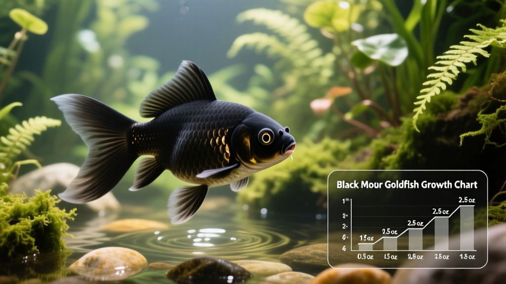 A mature Black Moor goldfish swimming gracefully in a well-planted aquarium with clear water