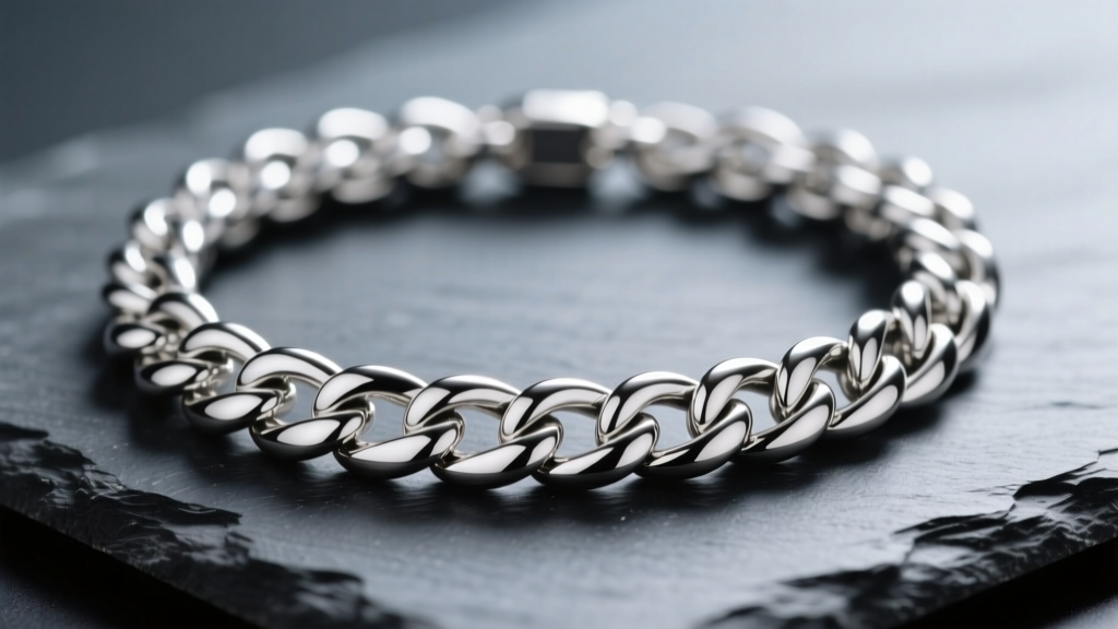 Macro photography of a thick 925 sterling silver Cuban link chunky necklace resting on dark slate with soft directional lighting