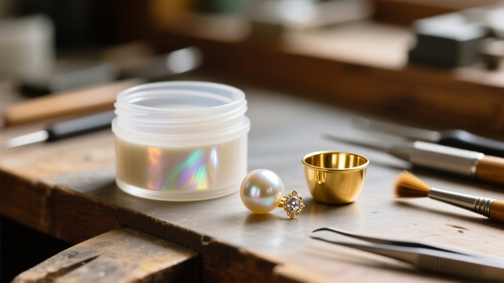 Close-up of a jeweler bench showing two-part epoxy, a flat-back freshwater pearl, and an empty gold earring cup awaiting repair