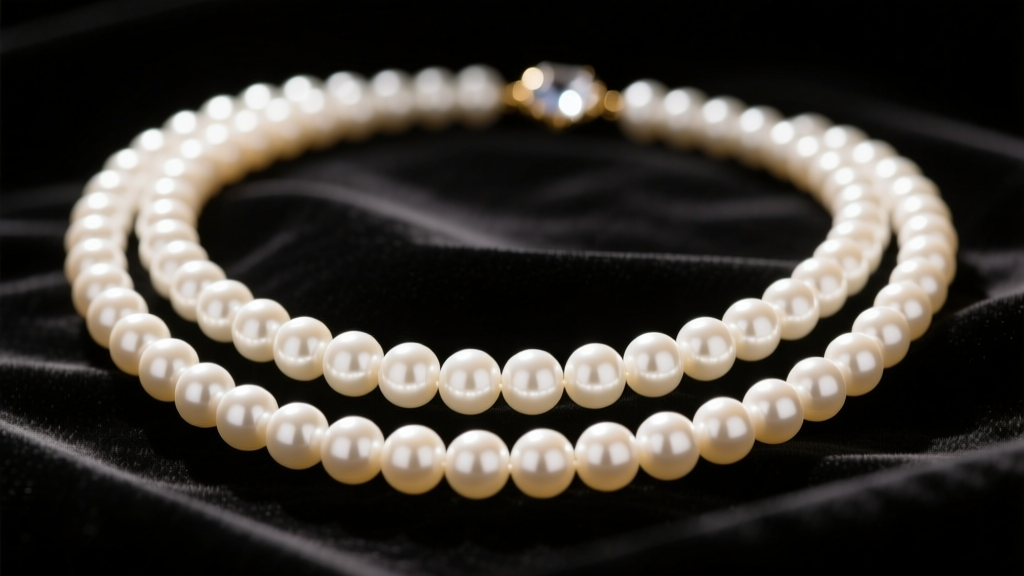 Close-up of a tangled four-strand white freshwater pearl torsade necklace resting on dark velvet under soft studio lighting.