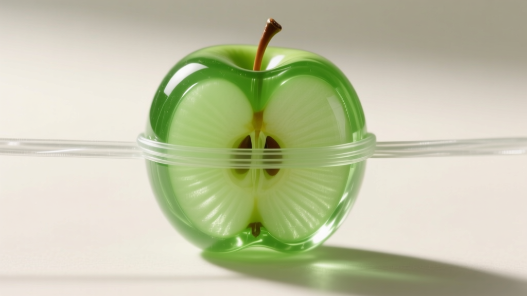 Macro shot of a 1.5mm clear food-safe elastic cord threaded through the center of a translucent green apple hard candy piece