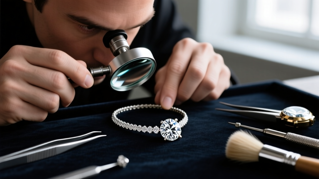 Jeweler examining prongs of a round diamond necklace with a loupe, dark backdrop showing metal textures and fine jewelry tools.