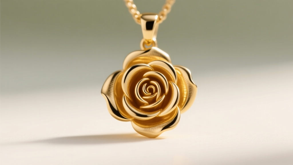 Macro shot of a 5mm solid 14k yellow gold micro-cast rose pendant showing detailed petal textures against a soft blurred backdrop.