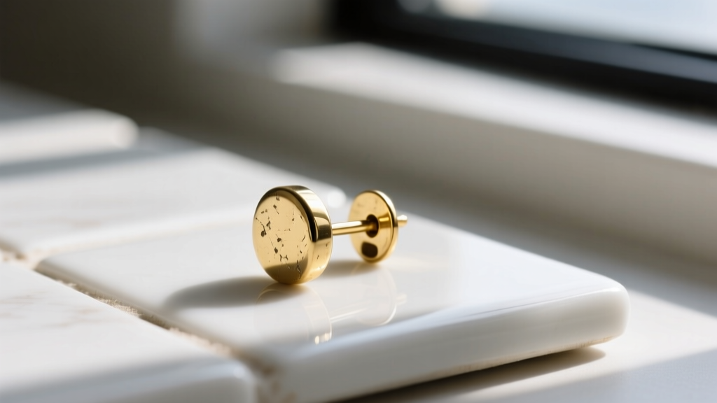 Macro photography of a gold-plated brass earring post showing slight wear on the e-coating, resting on a clean white ceramic tile.
