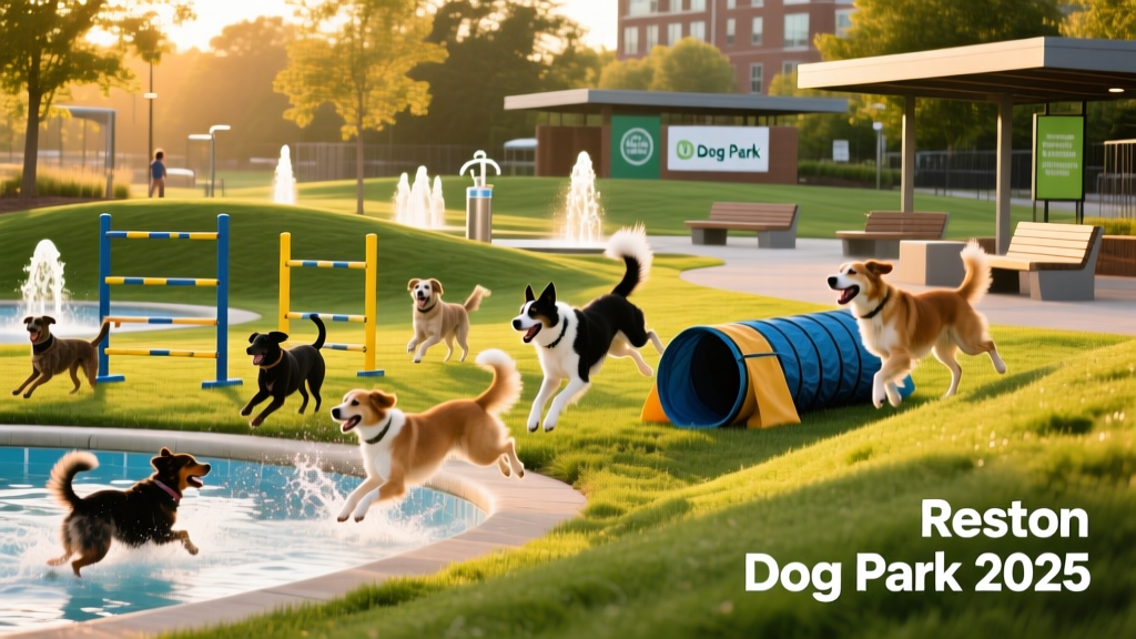 A joyful group of dogs playing together in a vibrant, well-designed off-leash area with agility equipment, water stations, and shaded seating