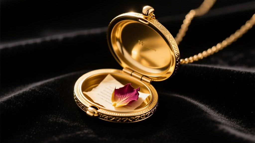 Macro shot of an open 14k gold oval locket necklace revealing a hidden compartment, resting on dark velvet under warm light.