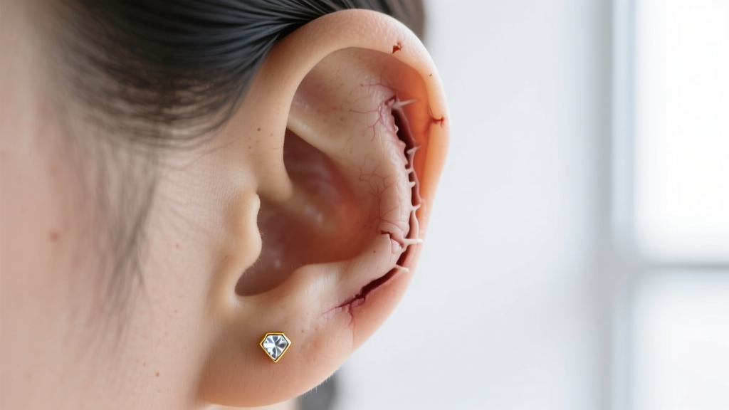 Side view of a reconstructed earlobe wearing a gold diamond stud after surgical lobectomy repair and complete tissue healing.