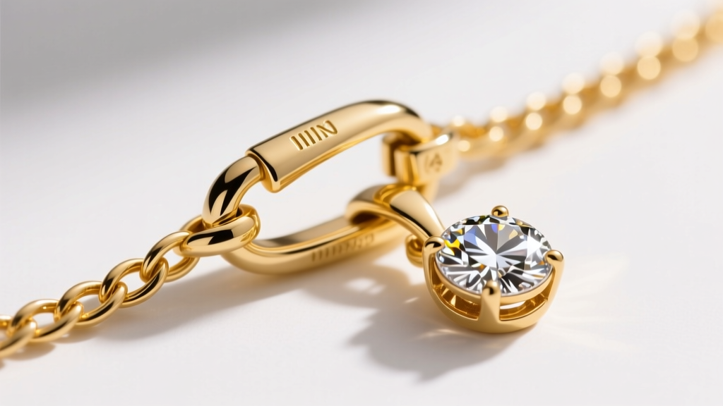 Macro shot of a secure lobster clasp on a one-millimeter 14k yellow gold cable chain attached to a diamond bezel pendant setting