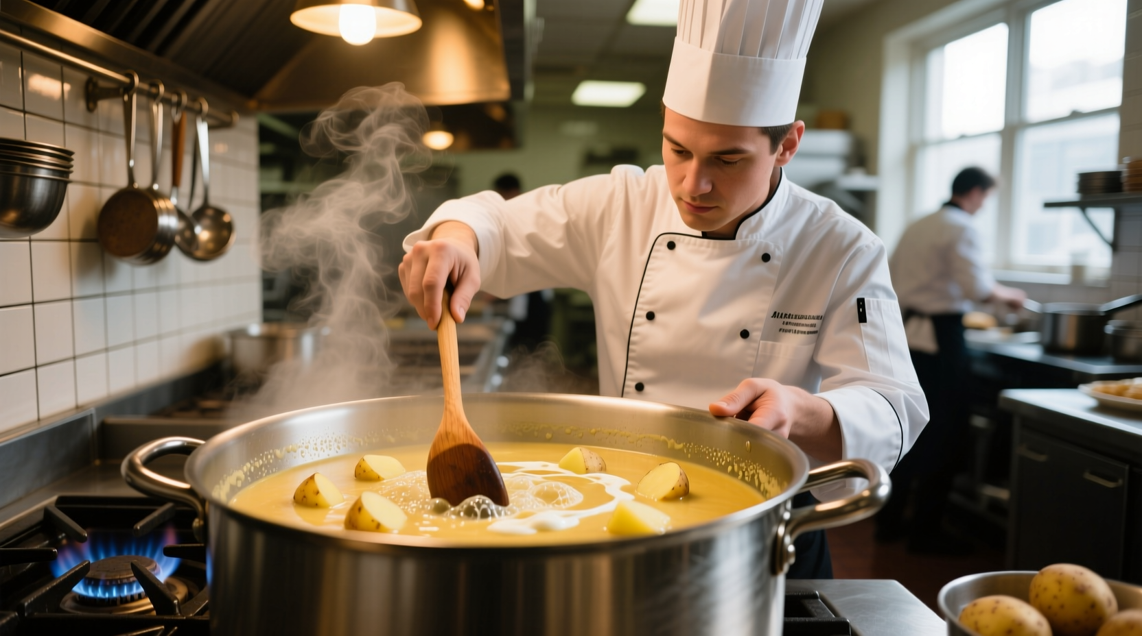 Chef preparing fresh potato soup in restaurant kitchen