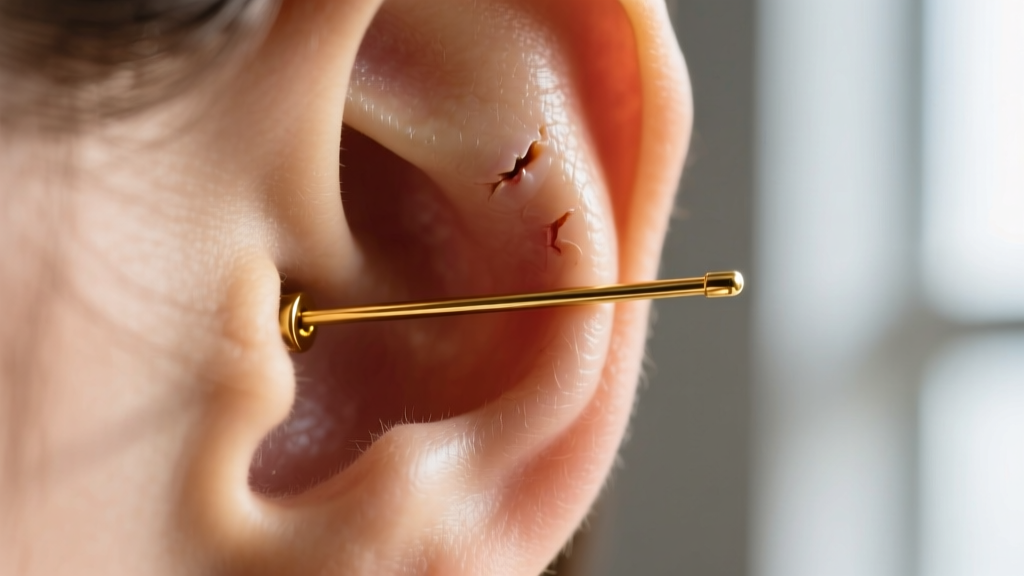 Macro shot of an 18-gauge gold earring wire passing through a healed earlobe, demonstrating proper fit and safe weight distribution