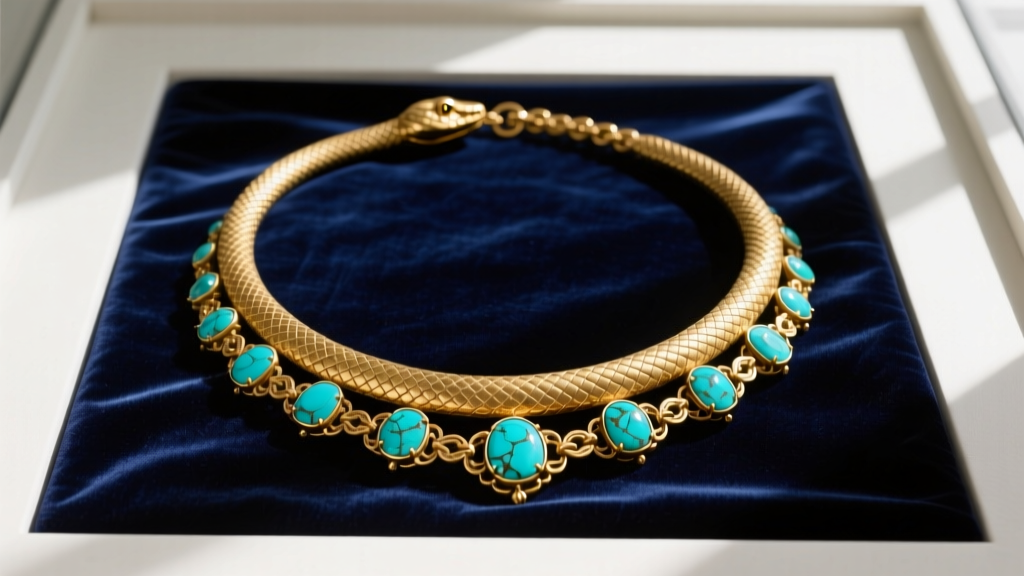 Flat lay of an antique Victorian 15k gold snake necklace with turquoise cabochon scales resting on dark navy velvet fabric.