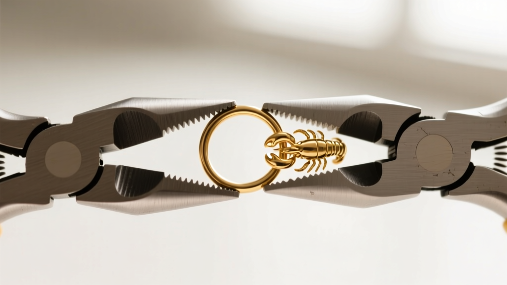 Two pairs of flat-nose jewelry pliers gently twisting a 3mm brass jump ring closed on a delicate gold-plated lobster clasp.