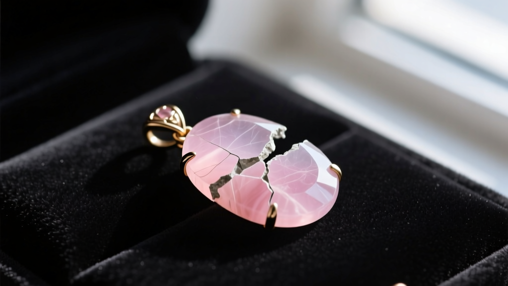 A damaged vintage rose quartz pendant showing a chipped edge near the prong setting on a dark velvet jeweler