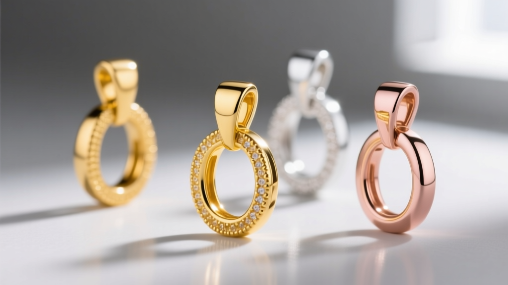 Macro view of 18k yellow, white, and rose gold pendant bails showing distinct alloy colors on a neutral gray backdrop.