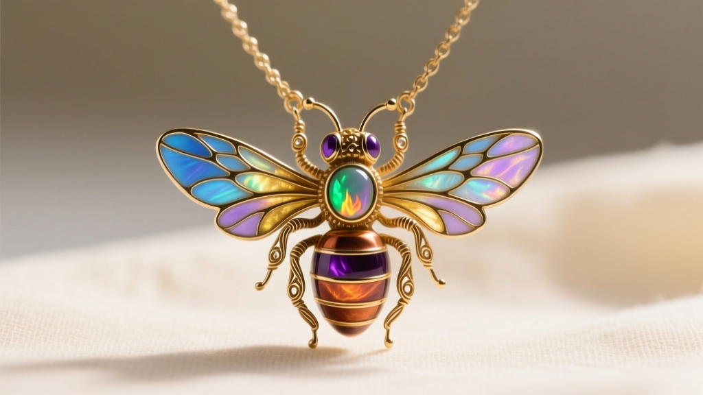 Art Nouveau vintage bee necklace pendant showcasing translucent plique-a-jour enamel wings and a small cabochon opal center stone