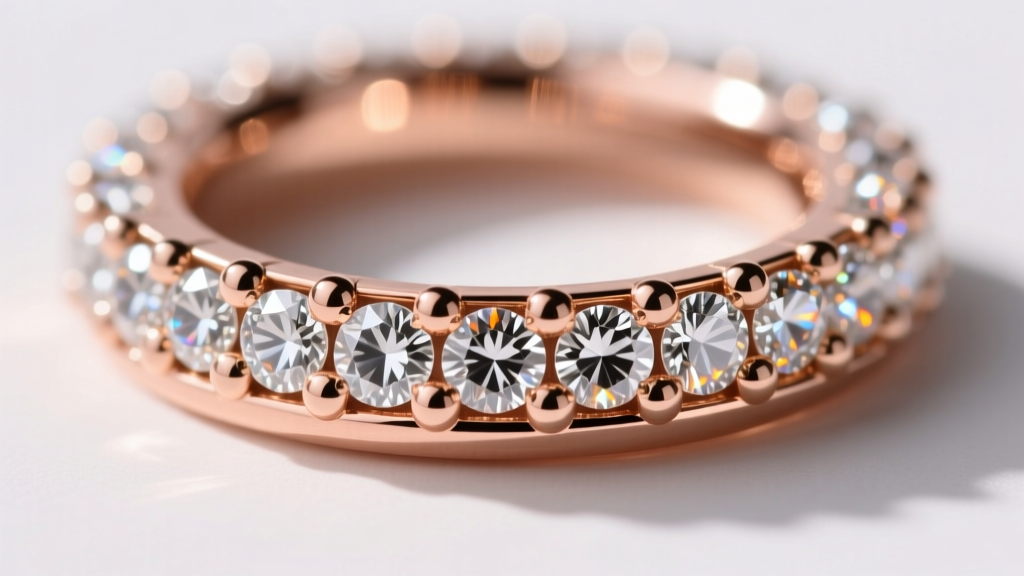 Macro photo of a micro-pave diamond setting in rose gold, showing tiny metal beads holding small gemstones securely in the metal.